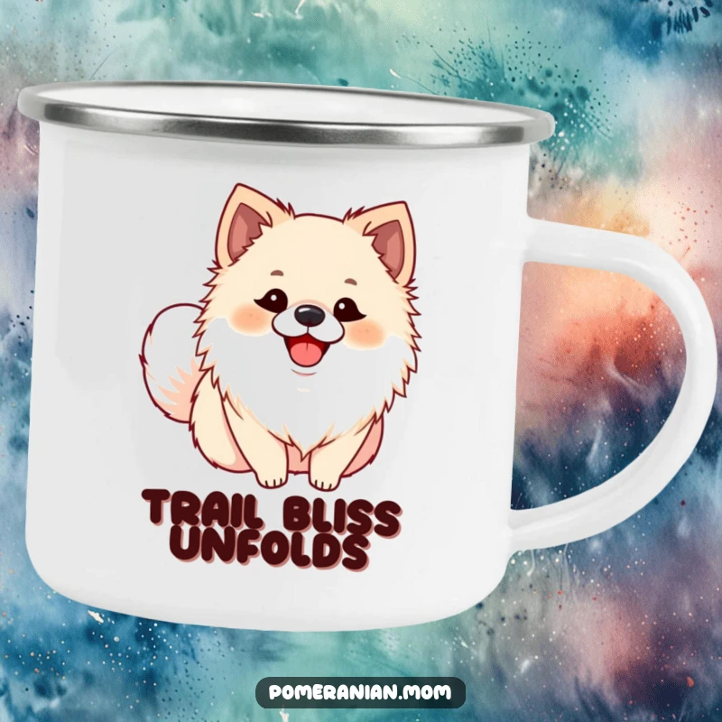 Funny Pomeranian camping mug depicting an ecstatic dog with a wagging tail, a durable and humorous cup for outdoor fun.