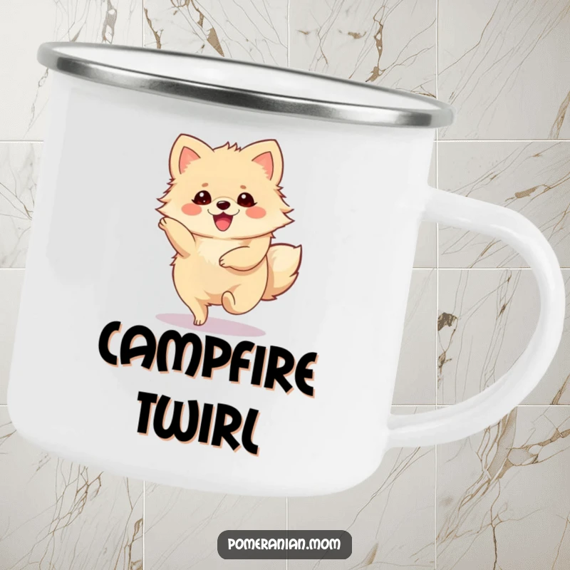Funny Pomeranian Camping Mug featuring a cute Pomeranian character performing a joyous, spinning twirl.
