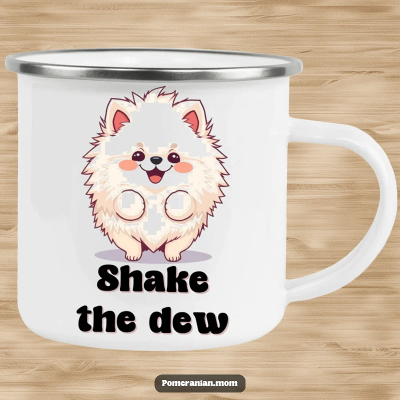 Funny, fluffy Pomeranian camping mug joyfully shaking its voluminous fur.