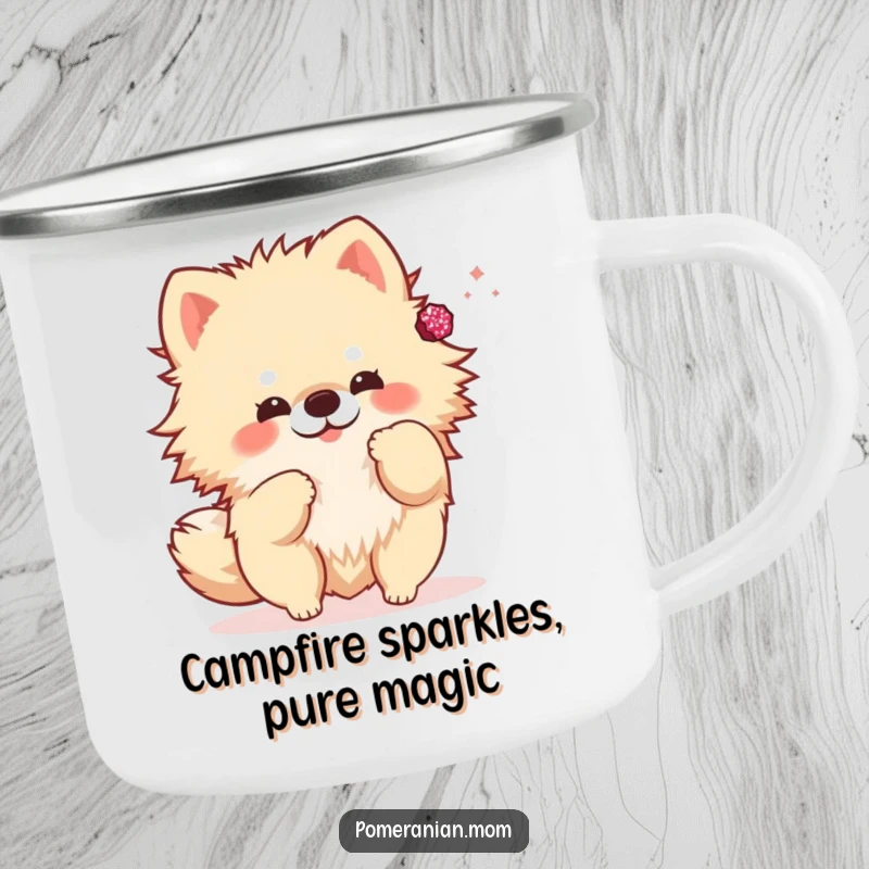 Funny kawaii Pomeranian camping mug, a sturdy mug with a cute dog playfully tossing a sparkly accessory. For outdoor fun.