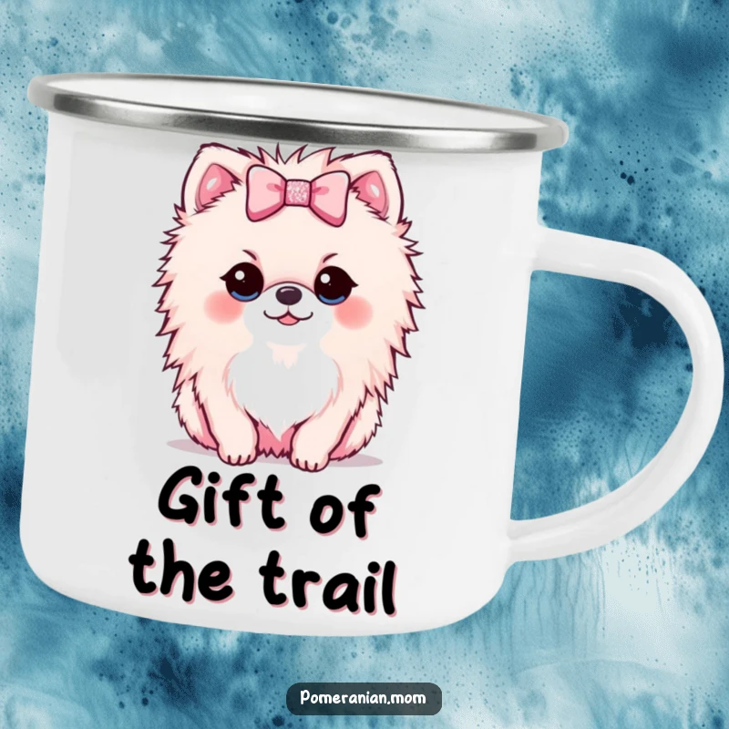 Funny Kawaii Pomeranian camping mug showing a small dog offering a tiny, sparkly bow, ideal for outdoor enjoyment.
