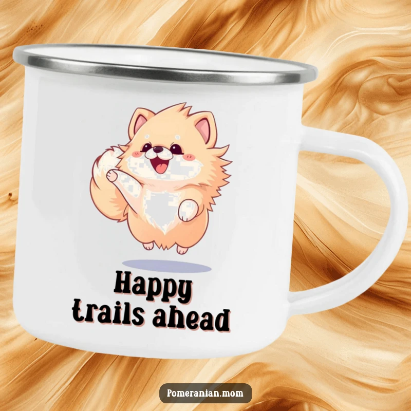 Funny Kawaii Pomeranian, ready for adventure, jumping joyfully on a durable camping mug for outdoor enthusiasts.