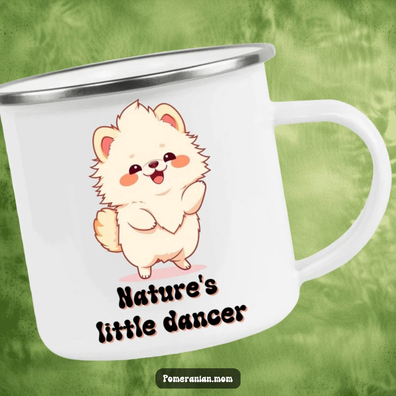 Funny Kawaii Pomeranian camping mug, showing a fluffy dog doing a happy twirl, ideal for outdoor enthusiasts.