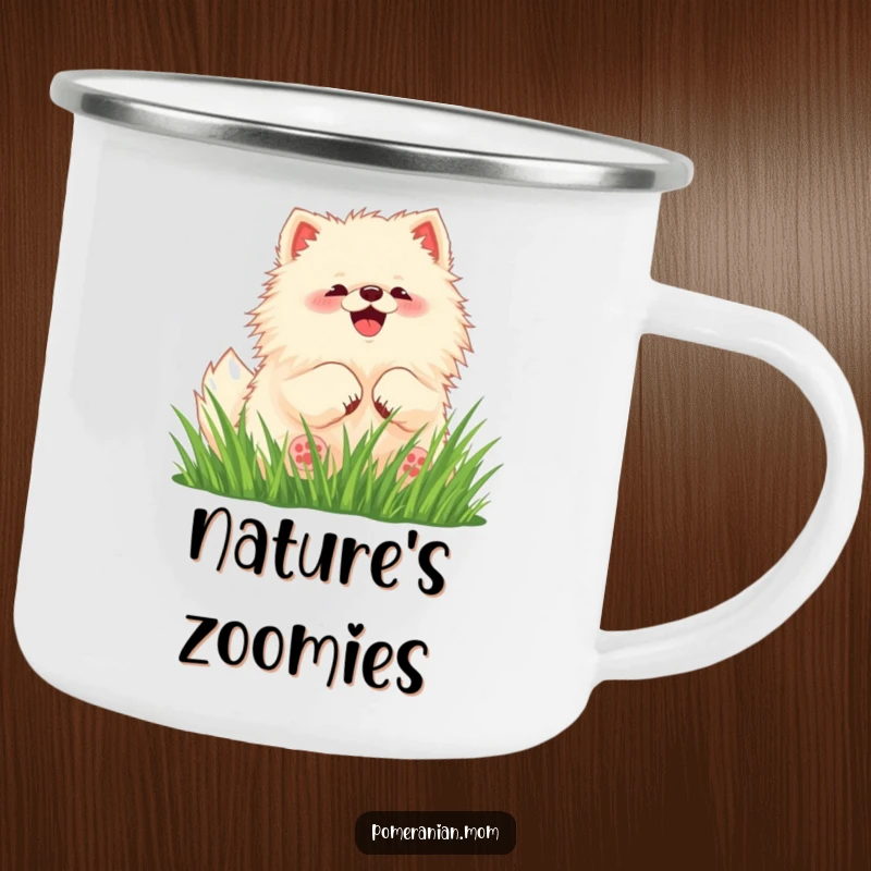 Funny Pomeranian camping mug with a kawaii dog rolling in grass, perfect for outdoor use.