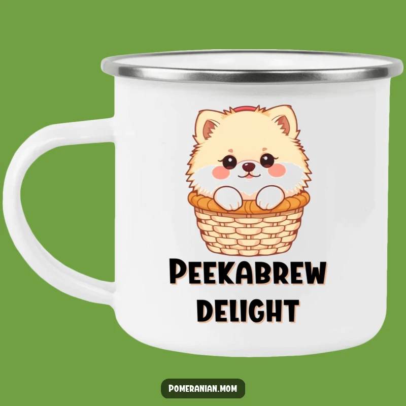 Funny Kawaii Pomeranian Camping Mug: Cute Dog Peeking Basket, Outdoor Gift