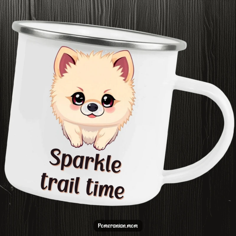 Funny Kawaii Pomeranian Camping Mug: Dog with sparkling eyes, ready for outdoor adventures, a humorous and durable cup.