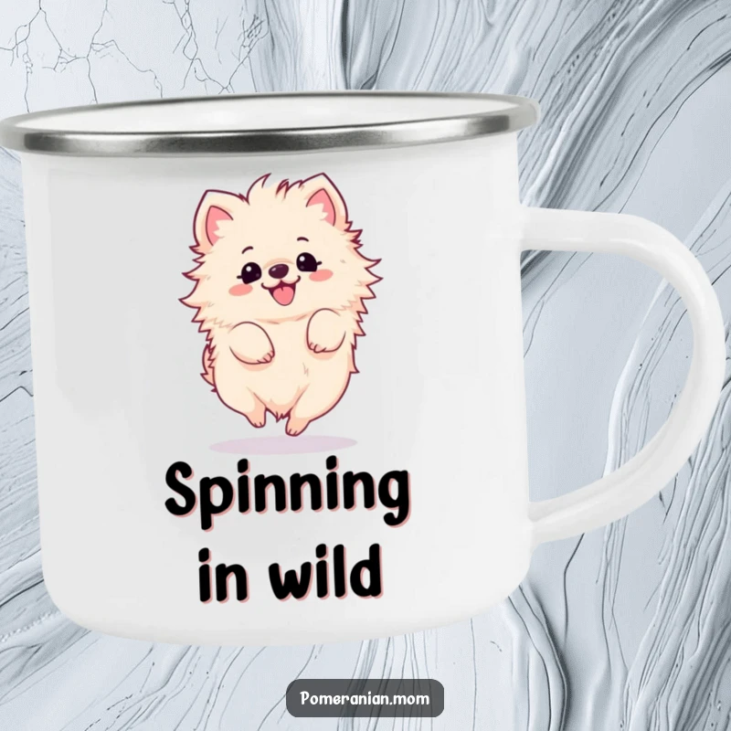 Funny Kawaii Pomeranian Camping Mug: A fluffy dog in a happy spin, ready for outdoor fun and caffeine.