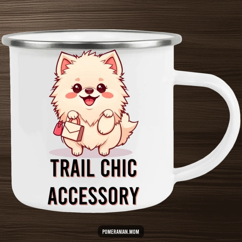 Funny Kawaii Pomeranian Camping Mug: An adorable dog with a happy wiggle carries a miniature handbag, perfect for stylish adventurers.