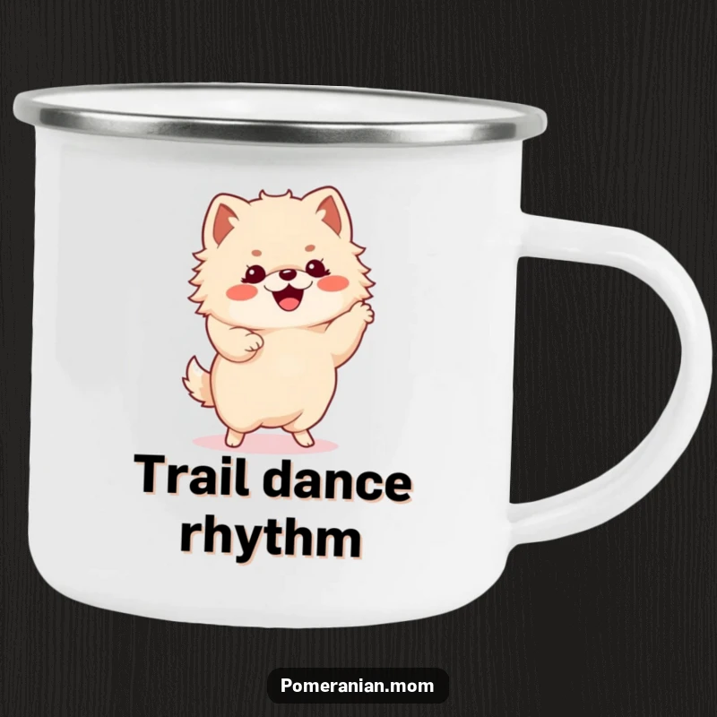Funny Kawaii Pomeranian, celebrating with a happy dance, featured on a durable camping mug for outdoor fun.