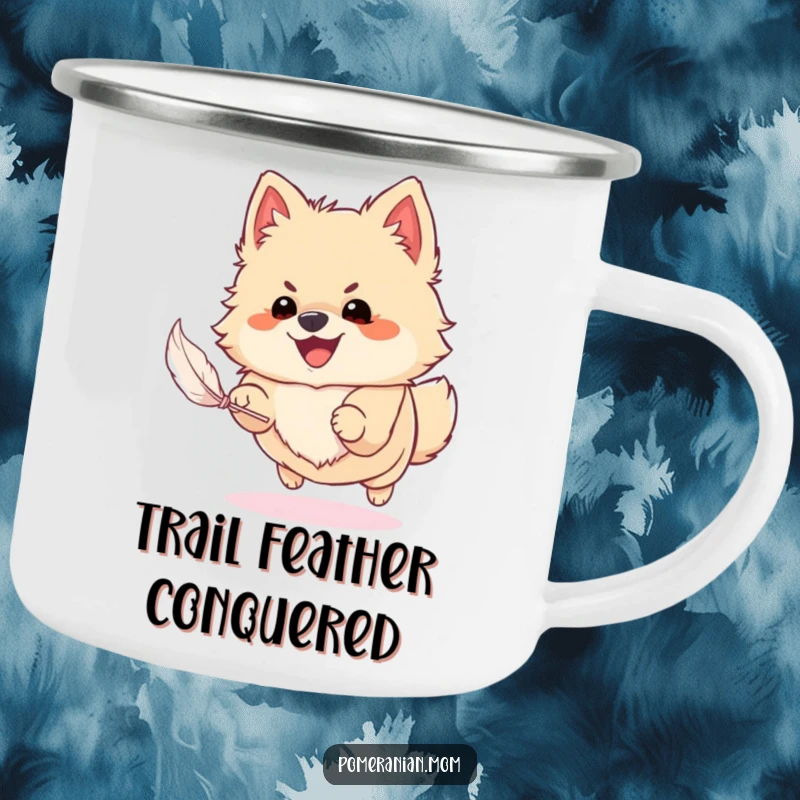 Funny Pomeranian camping mug showing a dog chasing a feather, perfect for outdoor enthusiasts who love a touch of humor.