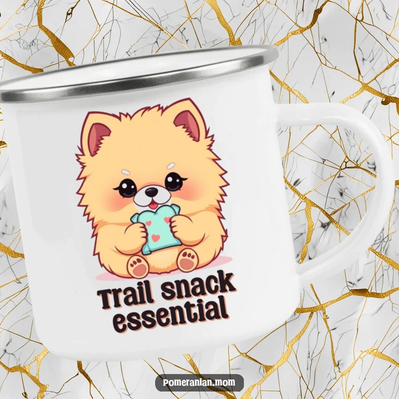 Funny Kawaii Pomeranian camping mug, showing a fluffy dog holding a treat, ideal for outdoor enthusiasts.