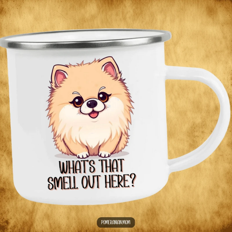 Funny kawaii Pomeranian camping mug, a sturdy mug with a cute dog showing a curious head tilt. For outdoor enthusiasts.