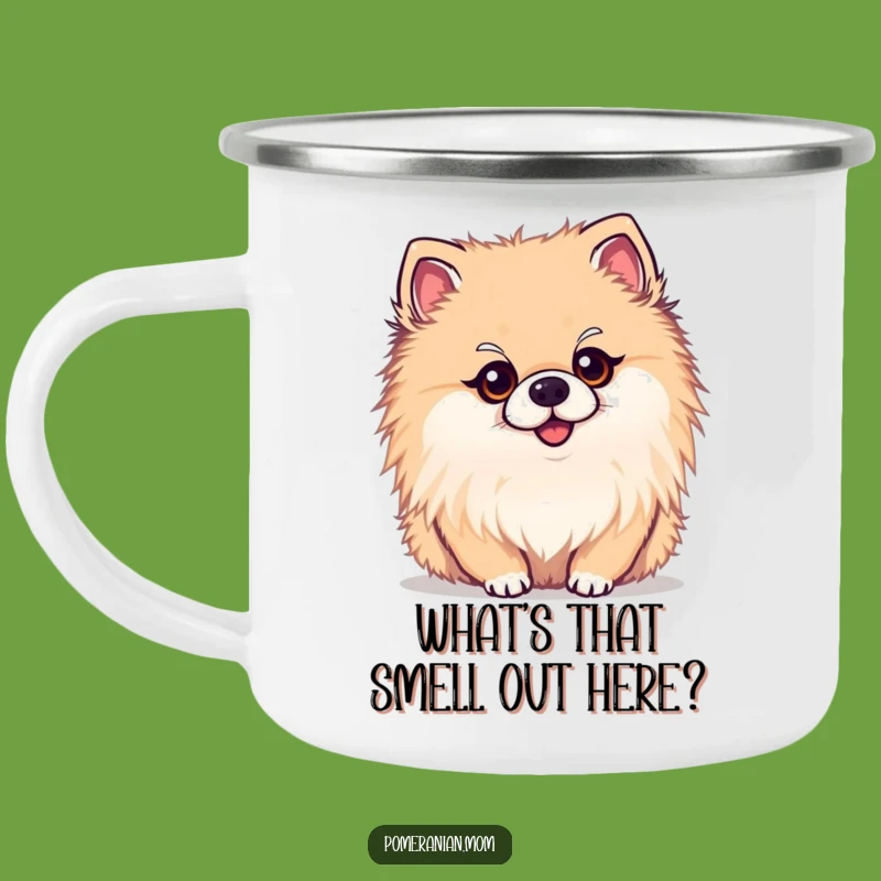 Funny Curious Kawaii Pomeranian Camping Mug: Adventure-Ready Intrigue for Outdoors