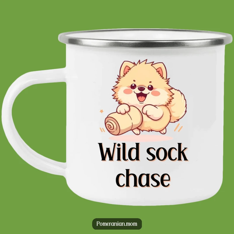 Funny Kawaii Pomeranian Sock Chase Camping Mug: Rugged and Hilarious Dog Gift