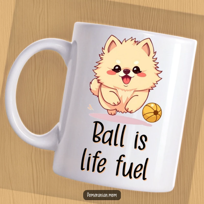 Funny Kawaii Pomeranian with a playful yap, intensely chasing a bouncing ball, capturing the spirit of energetic play.