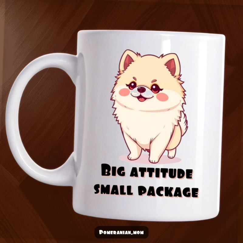 Funny Kawaii Pomeranian Mug: A tiny dog with a huge attitude confidently strutting its stuff, looking fabulous.