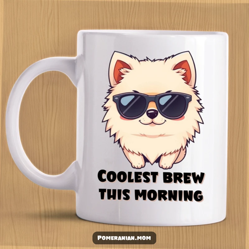 Funny kawaii Pomeranian wearing tiny sunglasses and winking mug, showcasing cool confidence and adorable charm, a perfect gift.