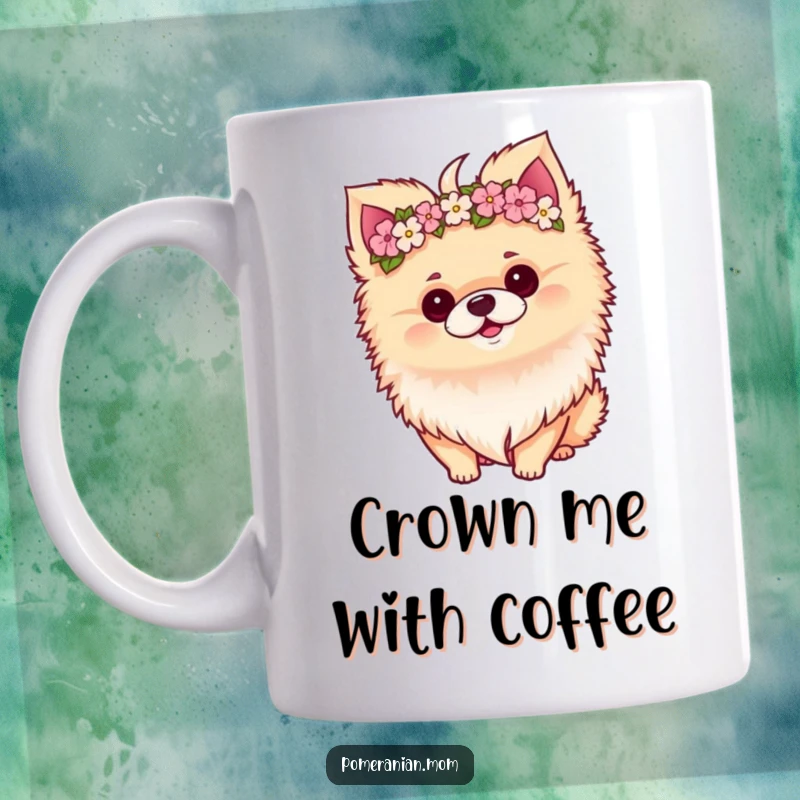 Funny Kawaii Pomeranian with a perky tilt, wearing a delicate miniature flower crown, looking absolutely charming.