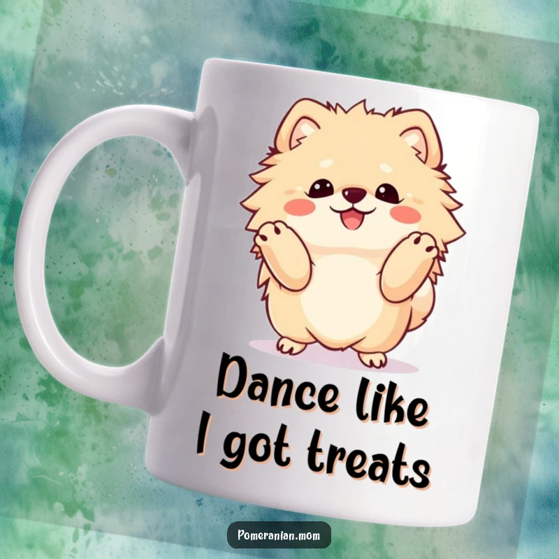 Funny Kawaii Pomeranian mug, a fluffy dog performing an adorable happy dance with its front paws raised joyfully.