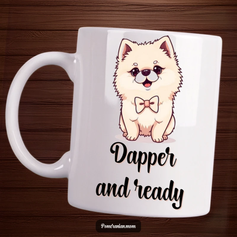 Funny Kawaii Pomeranian mug, a small dog wearing a tiny bowtie, striking a proud pose with elegance.