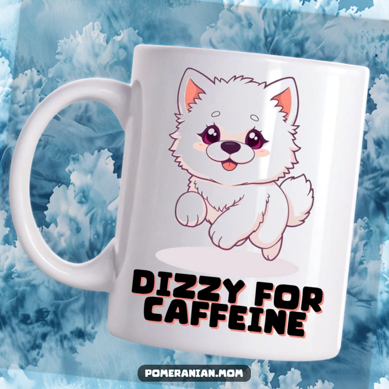 Funny mug depicting a fluffy white dog with bright, wide eyes, caught in a comical loop chasing its own tail, full of playful energy.