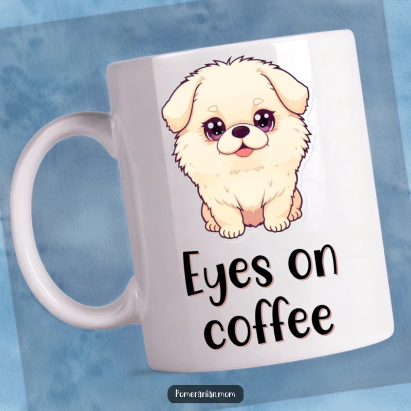 Funny dog mug featuring a fluffy dog with large, sparkling eyes full of joy and innocence, radiating cuteness.