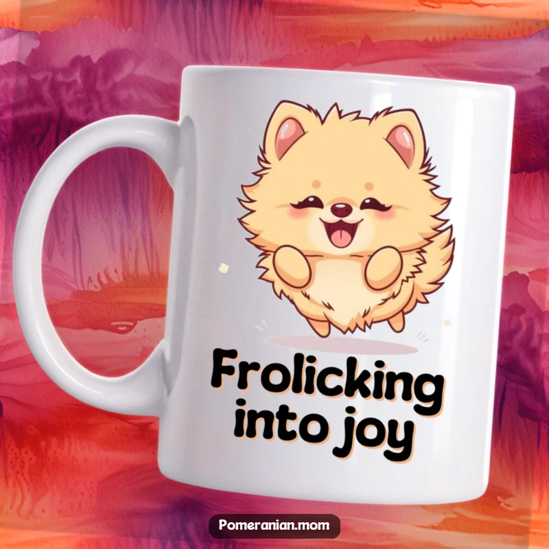 Funny Kawaii Pomeranian Mug: A fluffy dog frolicking with pure, unadulterated joy and boundless energy.