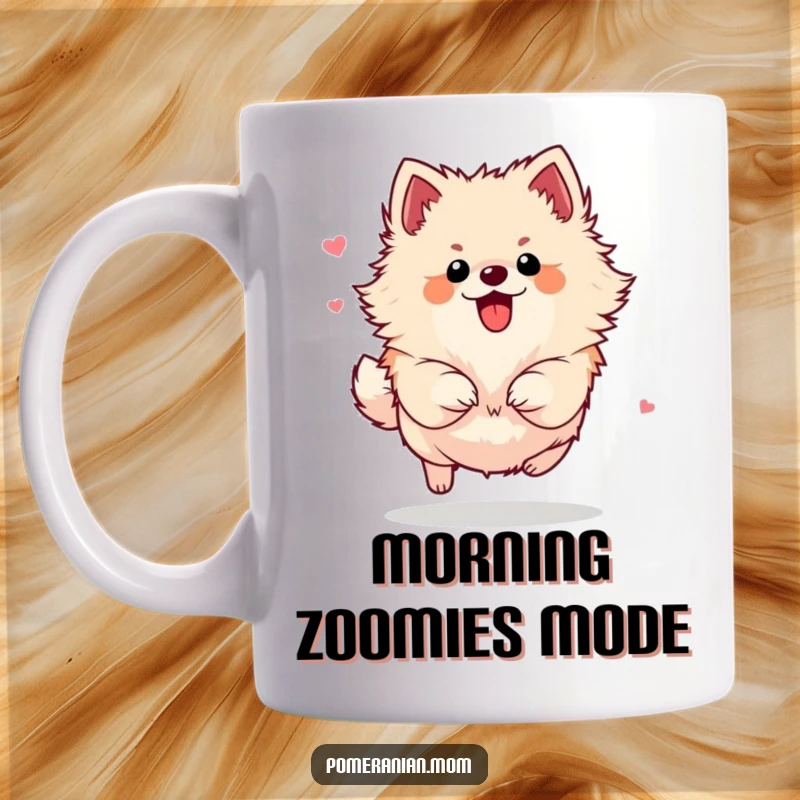 Funny Pomeranian mug illustrating a small dog leaping with extreme energy and playful flair, captured mid-air with pure excitement.