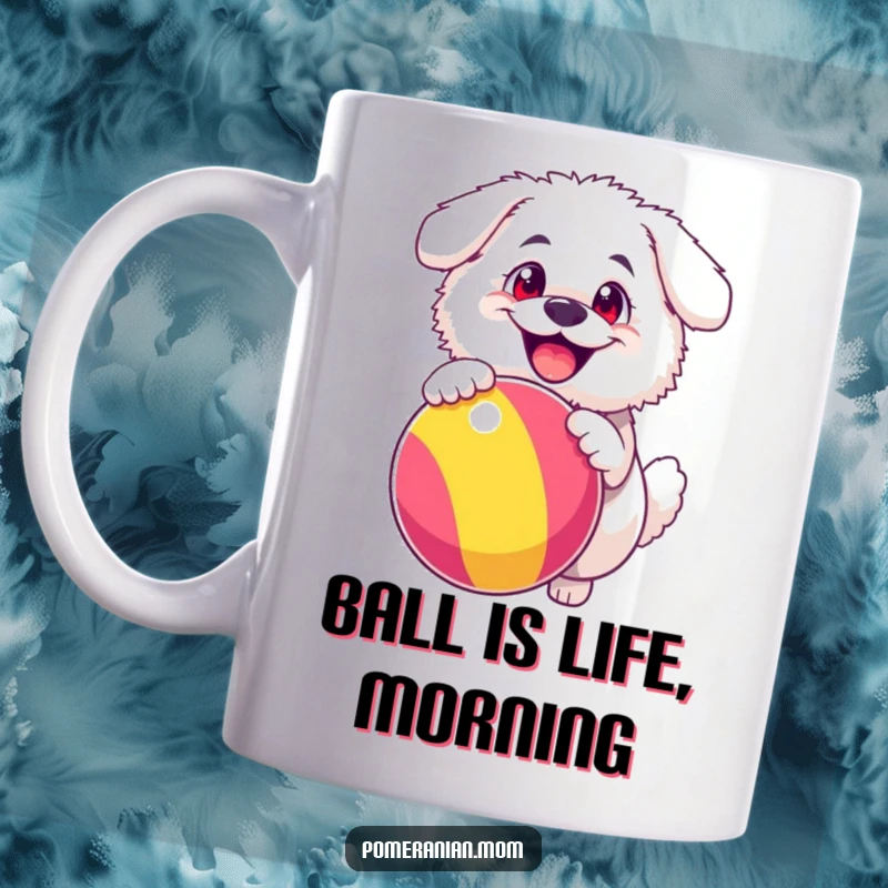 Funny mug featuring a fluffy white dog with huge, ecstatic eyes, joyfully bouncing a large, colorful ball, embodying pure canine happiness.