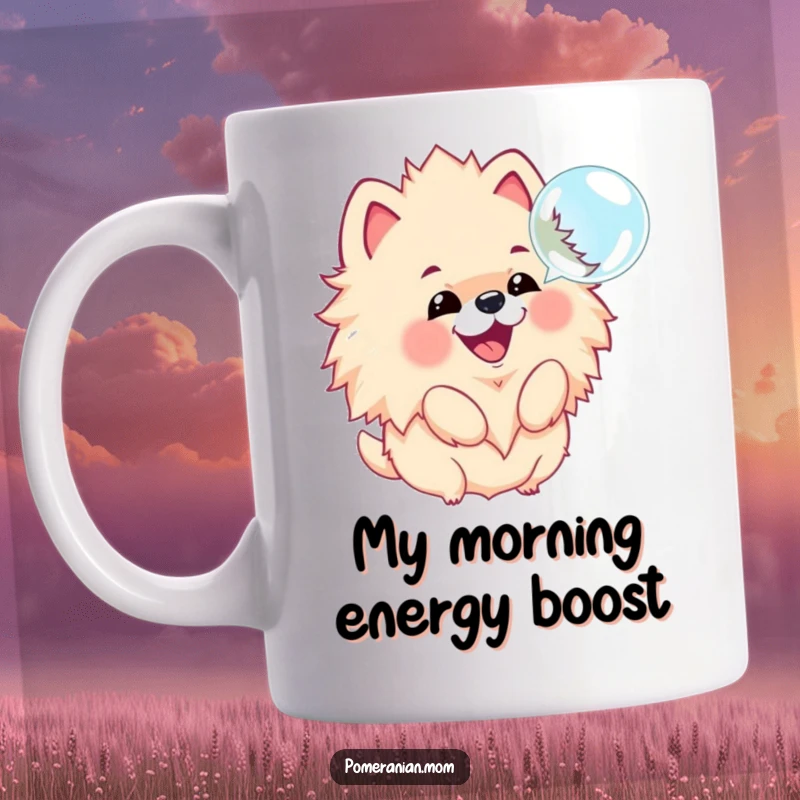 Funny mug with a kawaii Pomeranian barking joyfully at a floating bubble, showcasing its fluffy mane and happy excitement.