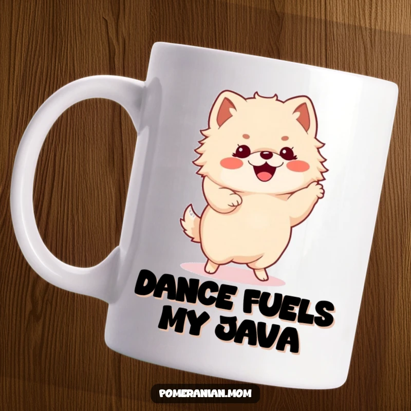 Funny Kawaii Pomeranian doing an energetic happy dance with tiny paws, radiating pure canine joy and silliness.