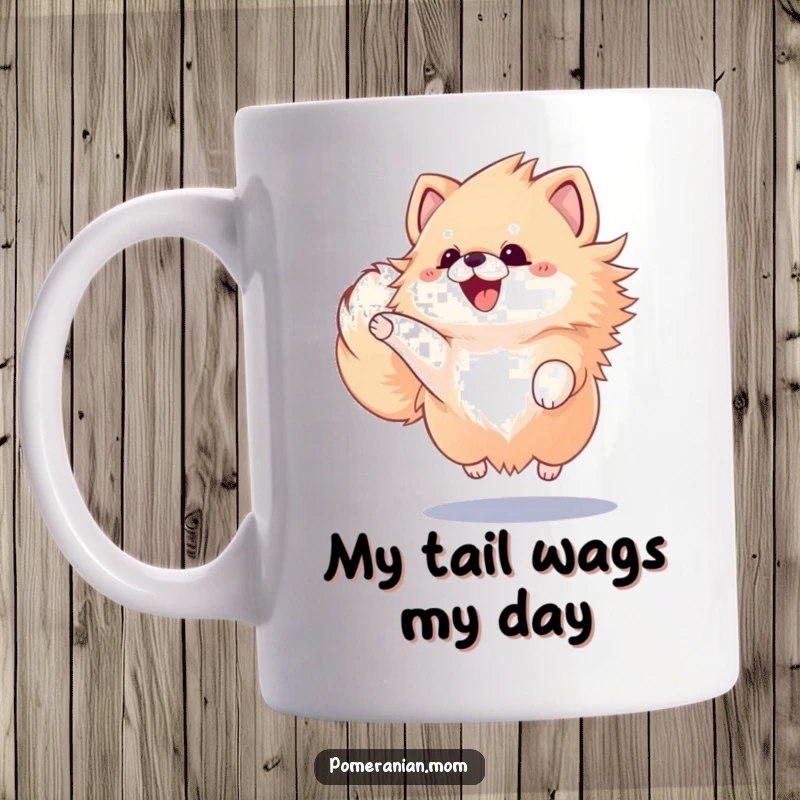 Funny Kawaii Pomeranian jumping for joy with a furiously wagging tail, symbolizing ultimate canine happiness, perfect for dog lovers.