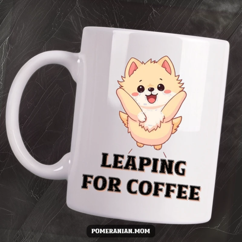 Funny Kawaii Pomeranian Mug: Energetic dog leaping high in the air with pure joy, a humorous and dynamic design.