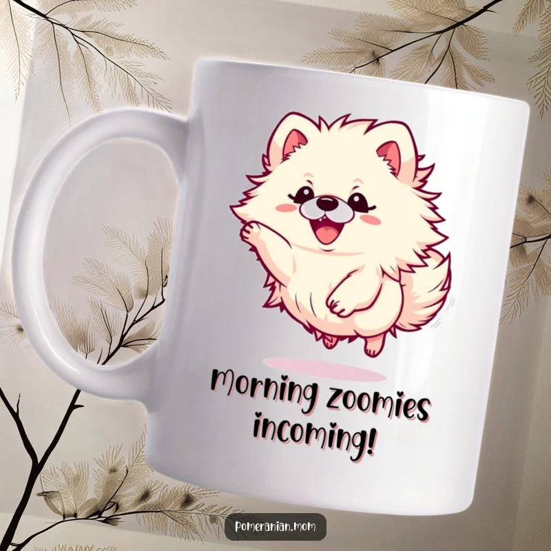Funny Kawaii Pomeranian mug showing a small dog mid-air with a fluffy bundle of energy, leaping with pure excitement.
