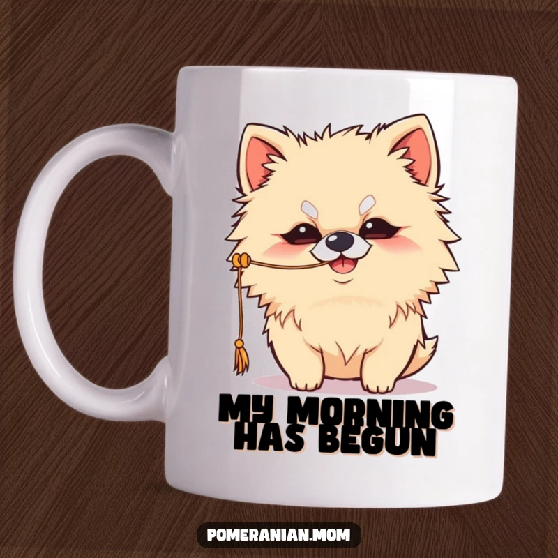 Funny Kawaii Pomeranian mug with a mischievous grin, playfully batting at a dangling string, exuding adorable and funny charm.
