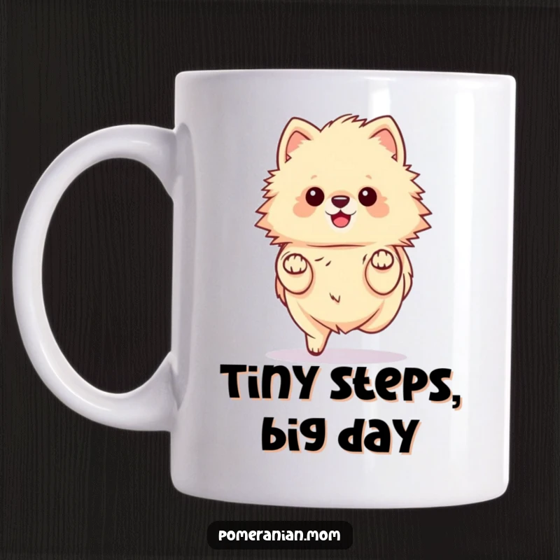 Funny kawaii Pomeranian mug, a fluffy dog prancing elegantly with its tiny paws delicately lifted. Captures grace and joy.