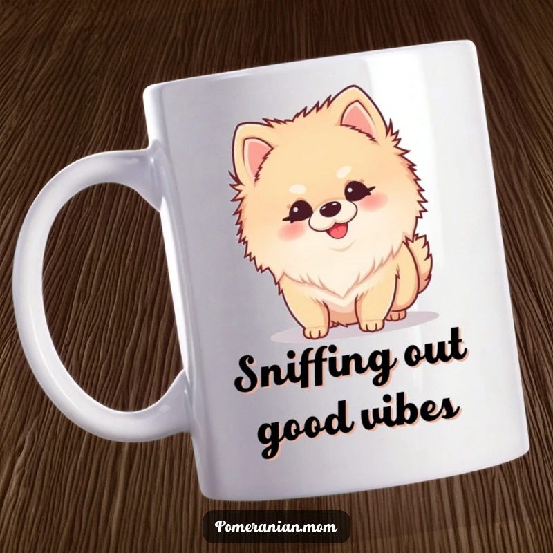 Funny Kawaii Pomeranian mug depicting a small dog with its nose down, curiously sniffing the air with a happy tail wiggle.