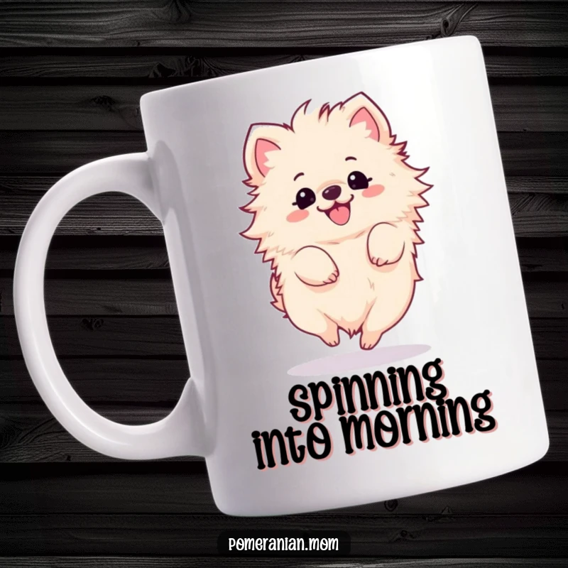 Funny Kawaii Pomeranian Mug: A fluffy dog in a joyful, happy spin, radiating pure delight and energy.
