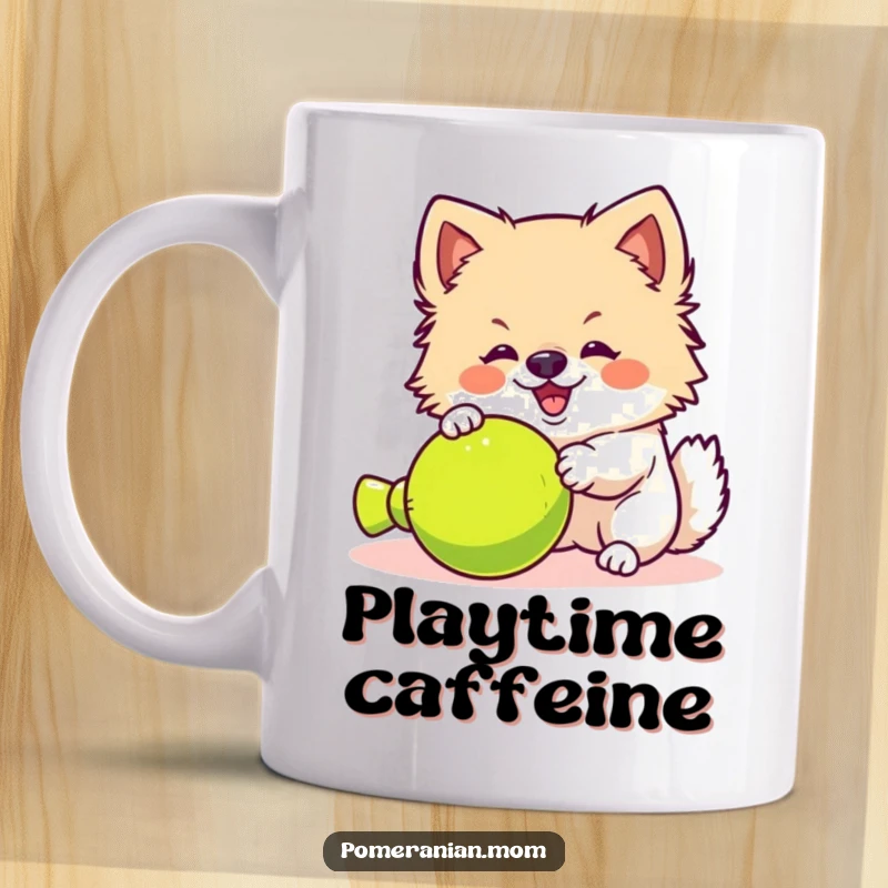 Funny kawaii Pomeranian mug, a fluffy dog yipping playfully and excitedly at a small toy. Captures playful puppy energy.