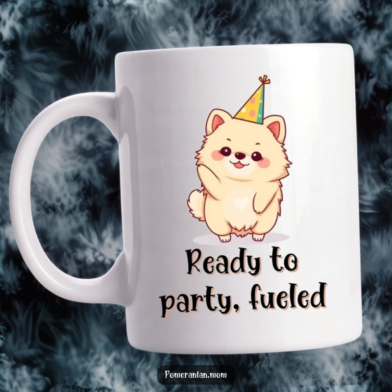 Funny kawaii Pomeranian mug, a cute dog balancing a small, festive party hat. Ready for any party.