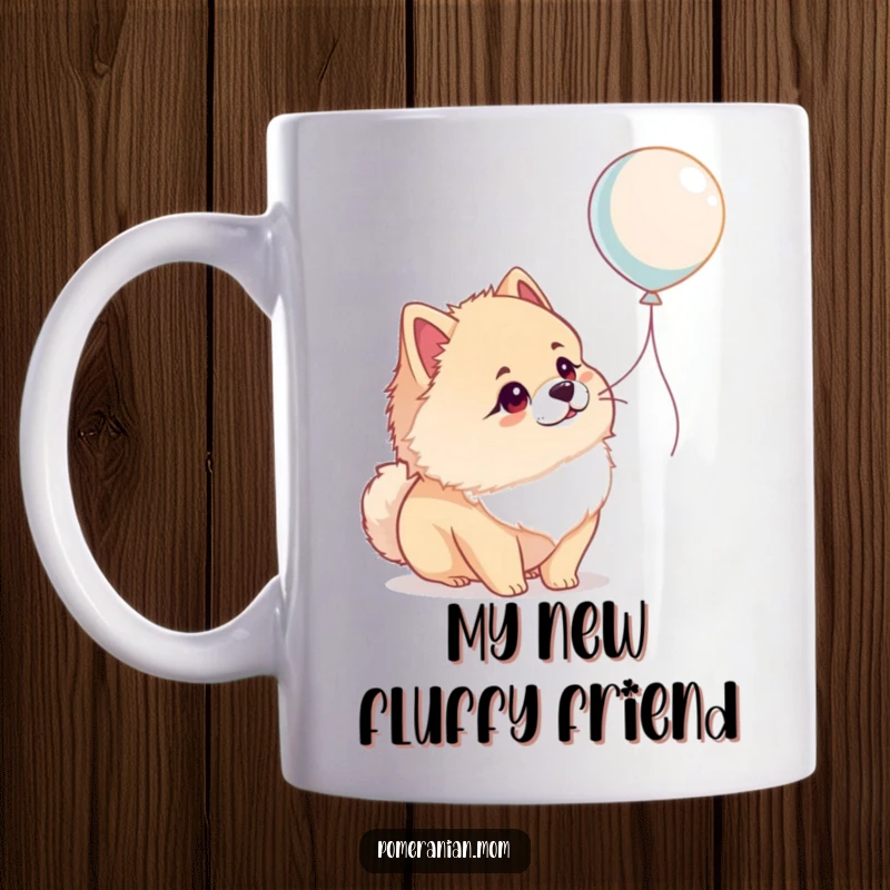 Funny Pomeranian mug showing a fluffy dog gazing up at a floating balloon with wide-eyed wonder, a humorous and cute scene.
