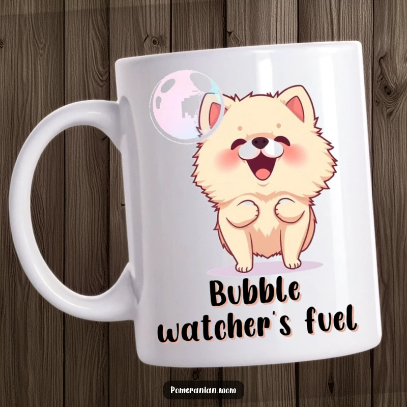 Funny Pomeranian mug showing a small, energetic dog happily barking at a floating bubble, embodying playful excitement and curiosity.