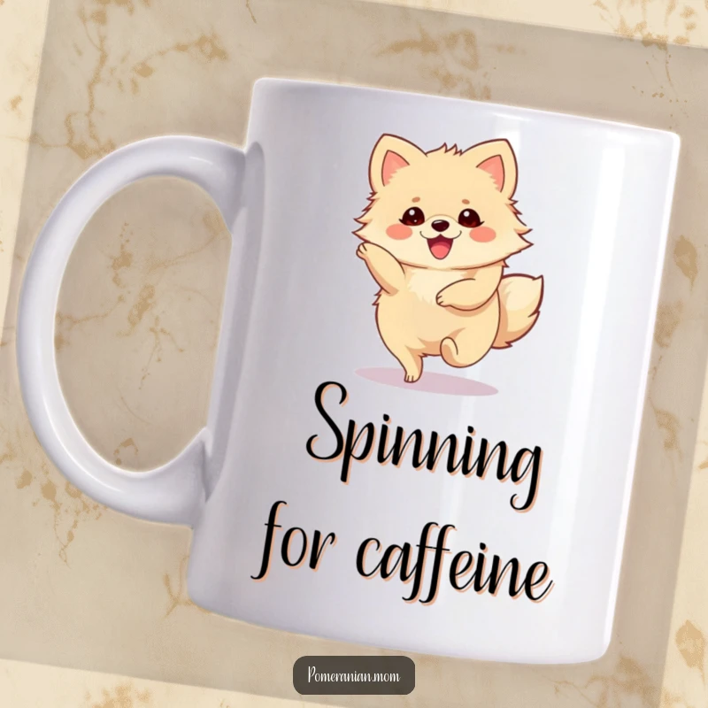 Funny Pomeranian Mug featuring a cute Pomeranian character performing a joyous, spinning twirl.