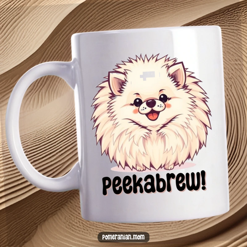 Funny Pomeranian Mug featuring a happy Pomeranian peeking out from behind a large, cheerful pompom.