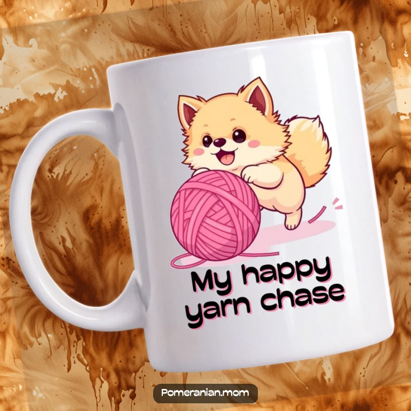 Funny Pomeranian mug, a fluffy dog joyfully chasing a massive yarn ball, capturing pure playful energy and excitement.