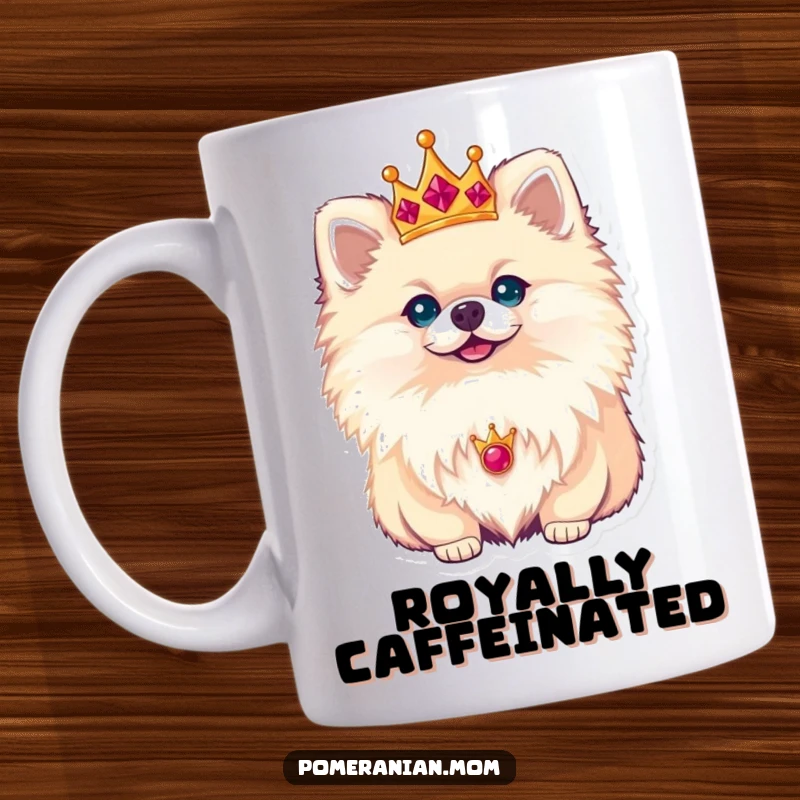 Funny Pomeranian mug showcasing a small dog adorned with a delicate golden crown, exuding an air of regal charm and dignity.