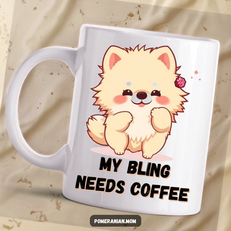 Funny kawaii Pomeranian mug, a cute dog playfully tossing a tiny sparkly accessory. Brings joy and whimsy.