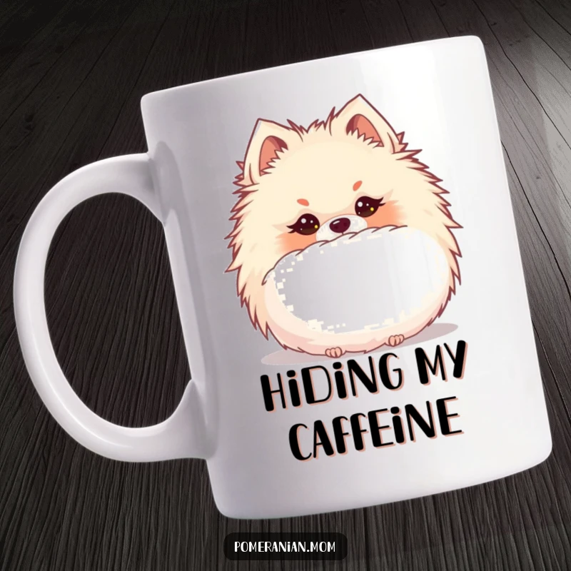 Funny Kawaii Pomeranian with a mischievous glint, peeking from behind a giant, fluffy puffball, symbolizing playful secrecy.