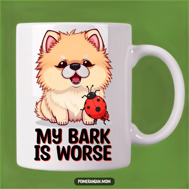 Funny Kawaii Pomeranian Barking at Ladybug Mug - Hilarious Dog Gift for Pet Lovers