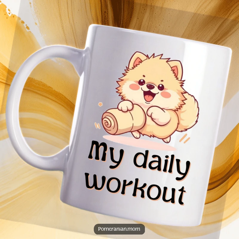 Funny mug depicting a kawaii Pomeranian enthusiastically chasing a rolled-up sock with its entire body in a dynamic pose.